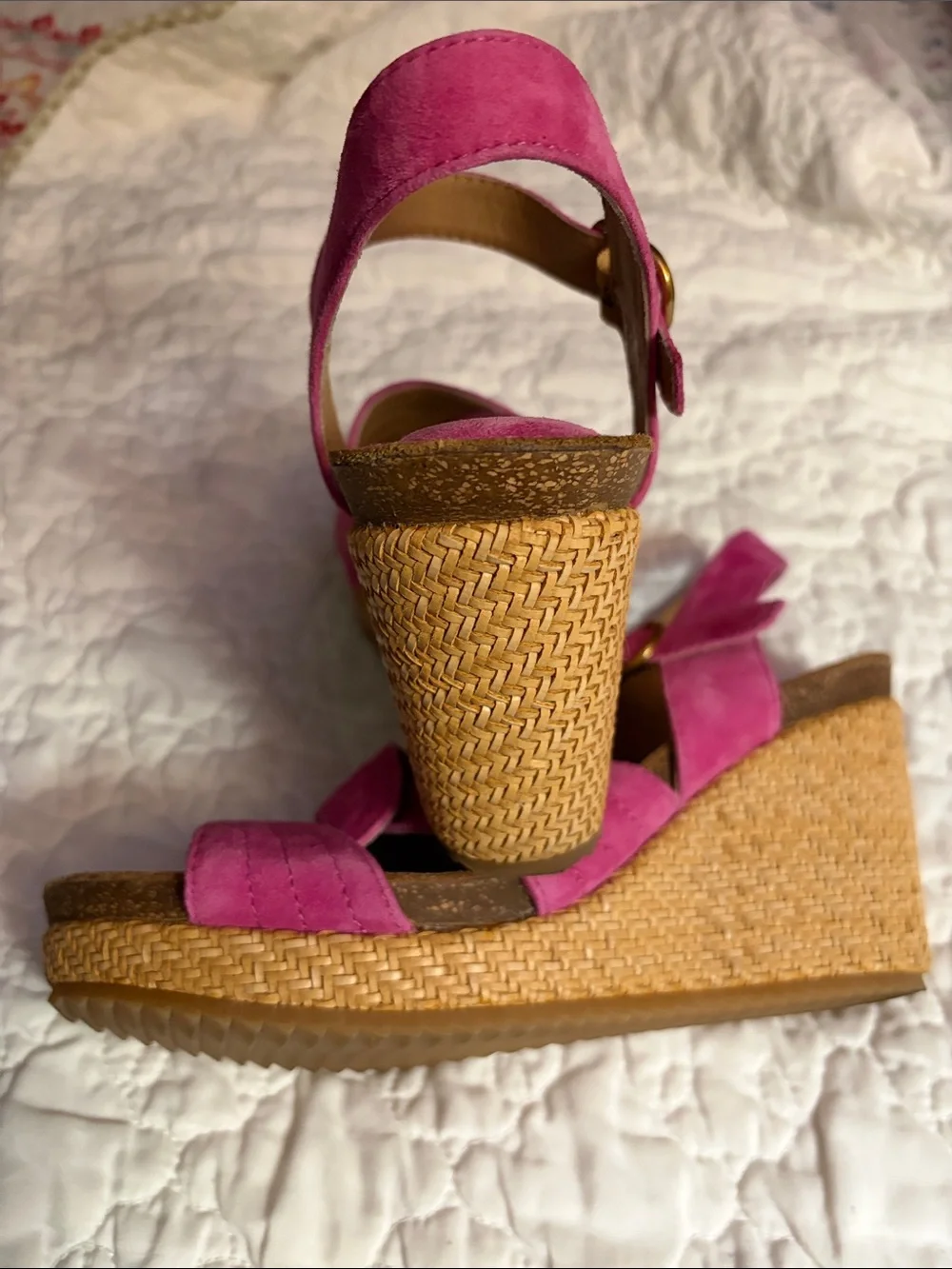Sofft Hot Pink Suede Wedge Sandals with Ankle Buckle